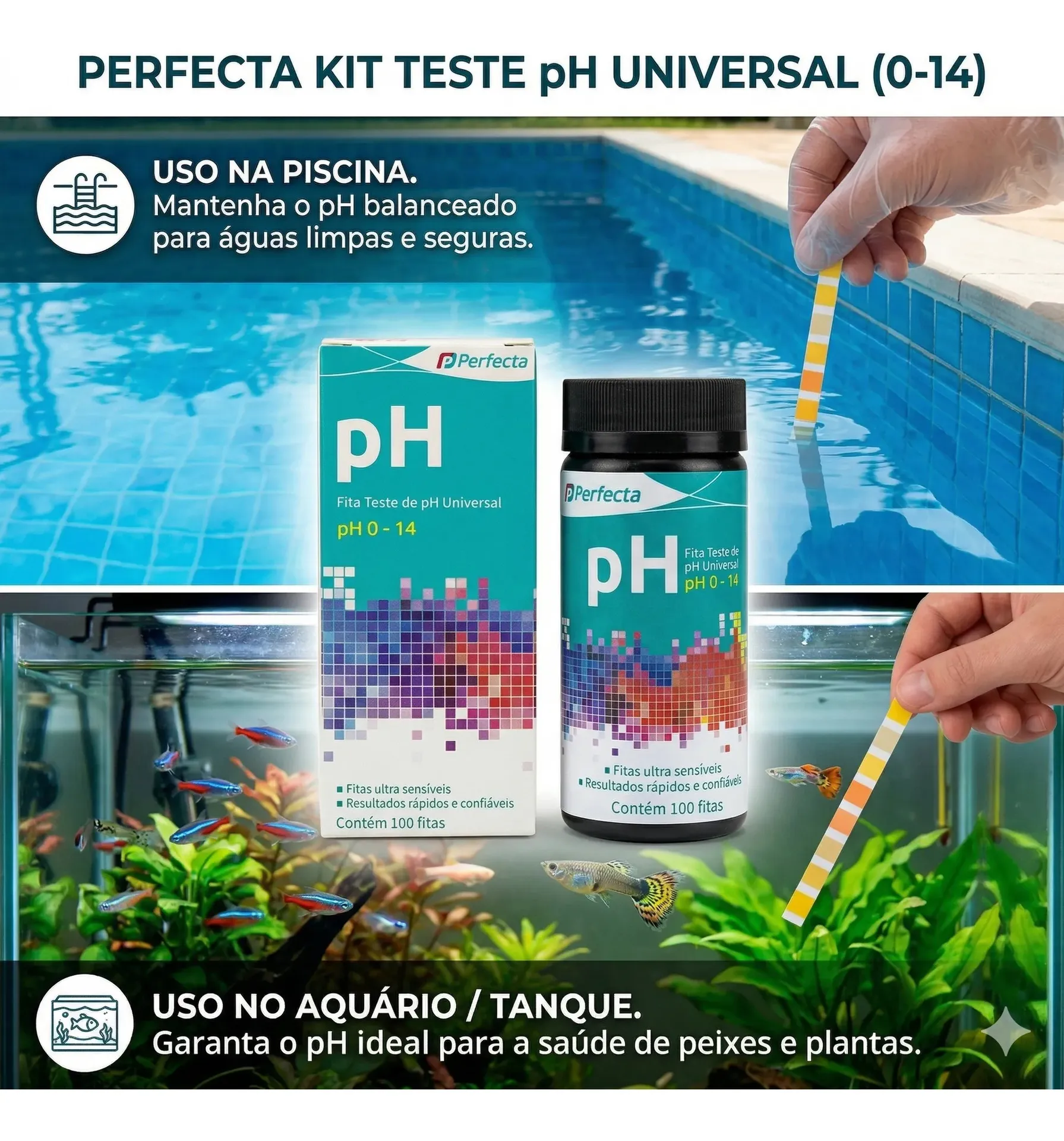Fita Teste Universal Papel pH 0-14 Perfecta Kit 200 Tiras