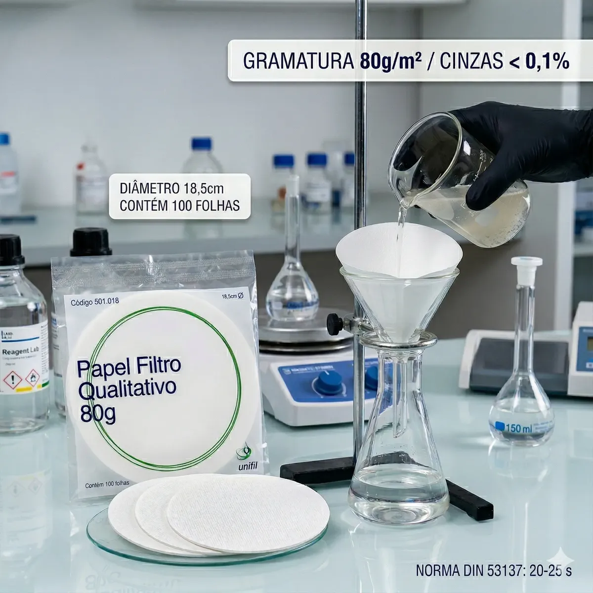Papel Filtro Qualitativo 80g 18,5cm Unifil 501018 C/100